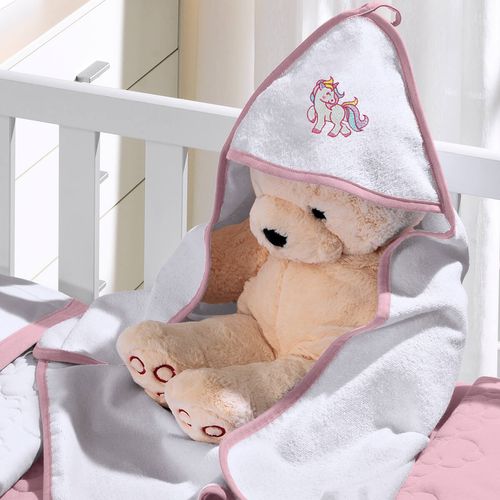Toalha com Capuz Felpudo para Bebê Bordada com Viés Unicórnio Rosa Buettner Baby