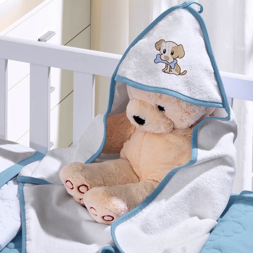 Toalha com Capuz Felpudo para Bebê Bordada com Viés Little Dog Azul Buettner Baby