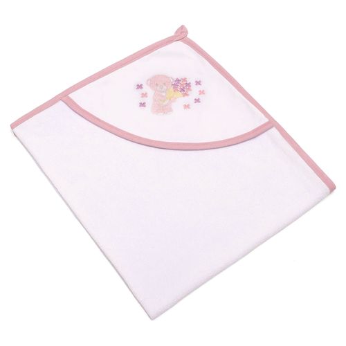 Toalha com Capuz Felpudo para Bebê Bordada com Viés Buettner Baby Carinhosa Rosa