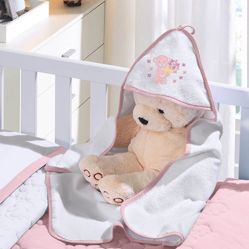 Toalha com Capuz Felpudo para Bebê Bordada com Viés Buettner Baby Carinhosa Rosa