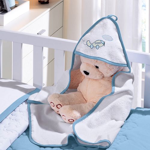 Toalha com Capuz Felpudo para Bebê Bordada com Viés Buettner Baby Voando Azul